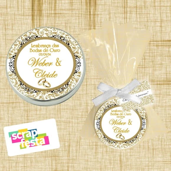 Latinha, Saquinho, Fitinha e Tag Personalizada Bodas de Ouro