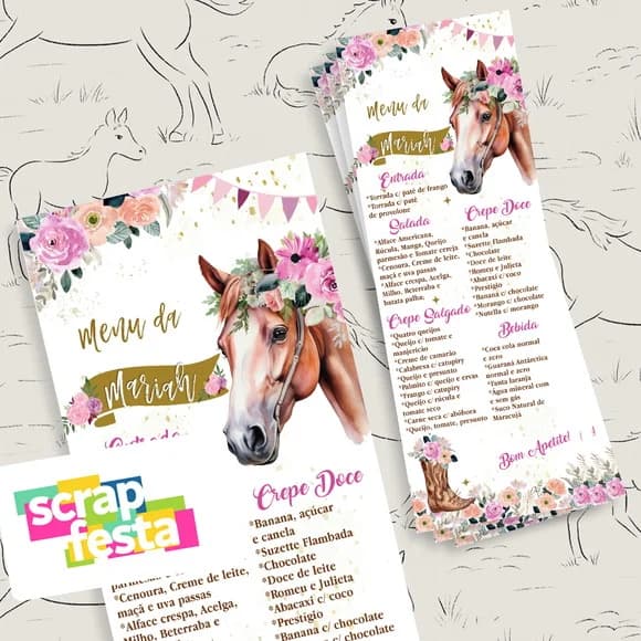Menu Cardápio Personalizado Festa Cavalo Floral Aquarela