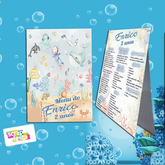Menu Cardápio Cavalete Festa Fundo do Mar Aquarela