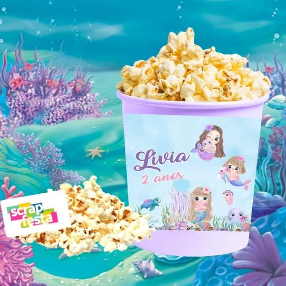 40 Balde Pipoca 1 Litro Personalizado Vinil Festa Sereia
