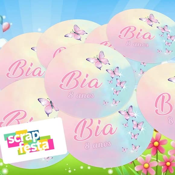 Adesivo 5cm Redondo Personalizado Jardim Encantado Borboleta