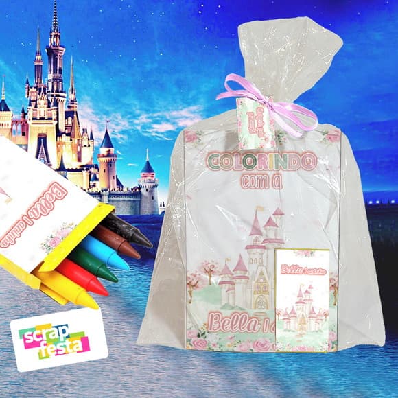 Revista Colorir+embalagem+giz de Cera Festa Princesas