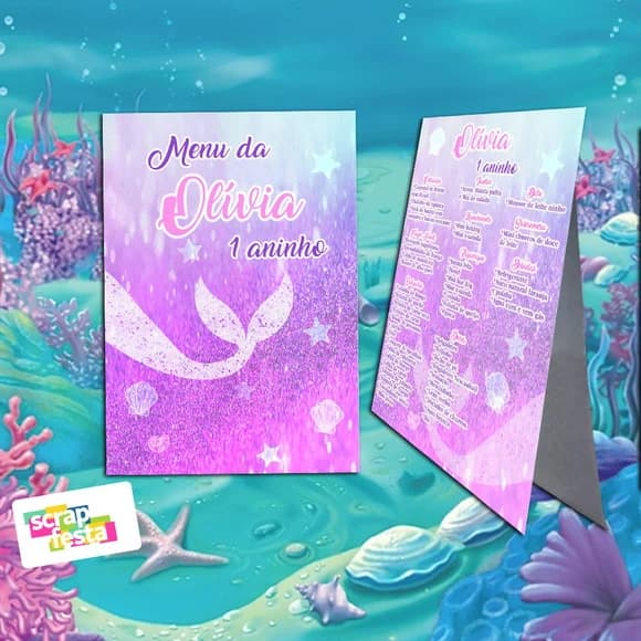 Menu Cardápio Cavalete Festa Sereia Aquarela