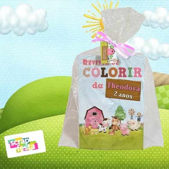 Revista Colorir+saquinho+fitinha+tag Fazendinha Aquarela