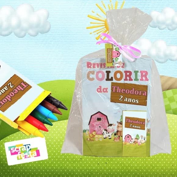 Revista Colorir+embalagem+giz Cera Festa Fazendinha Aquarela