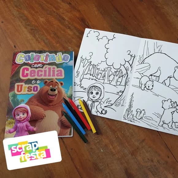 Revista Colorir + Giz Cera Festa a Menina e o Urso