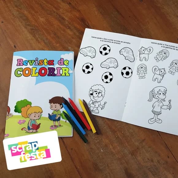 Revista Colorir + Giz Cera Personalizado Dia das Crianças