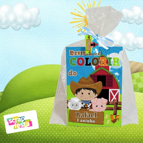 Revista Colorir+saquinho+fitinha+tag Festa Fazendinha