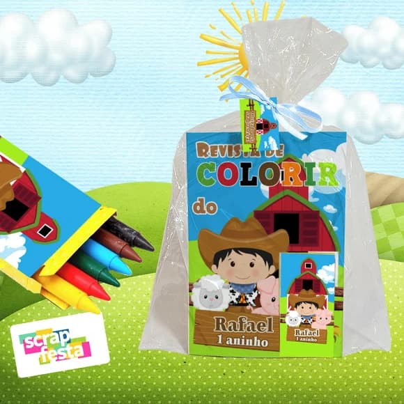 Revista Colorir+embalagem+giz Cera Festa Fazendinha