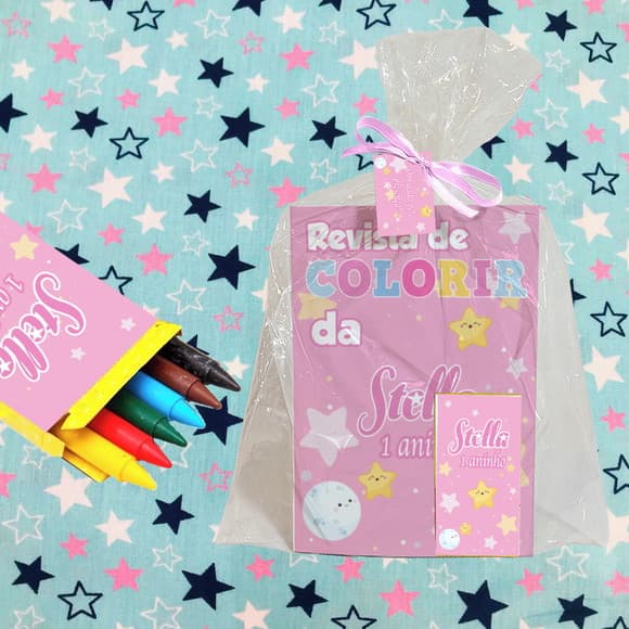 Revista Colorir+embalagem+giz Cera Festa Brilha Estrelinha