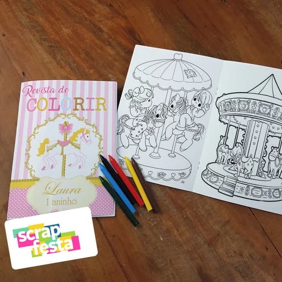 Revista Colorir + Giz Cera Carrossel Encantado Candy Color