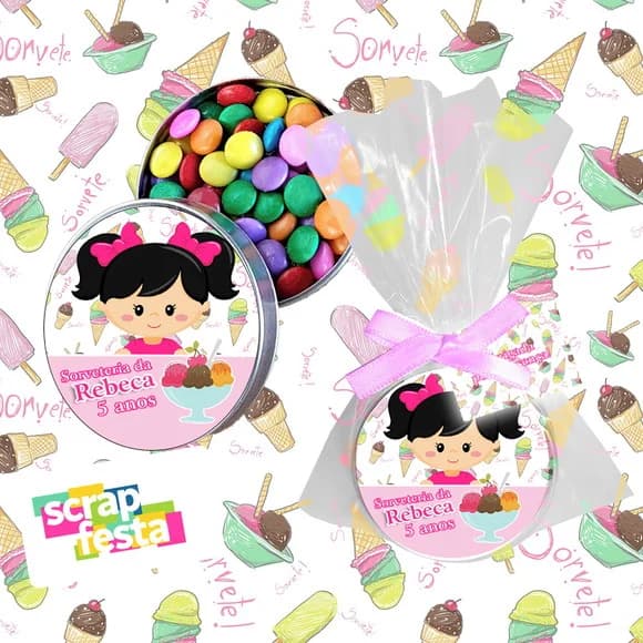 Latinha com Confete e Embalagem Festa Sorveteria