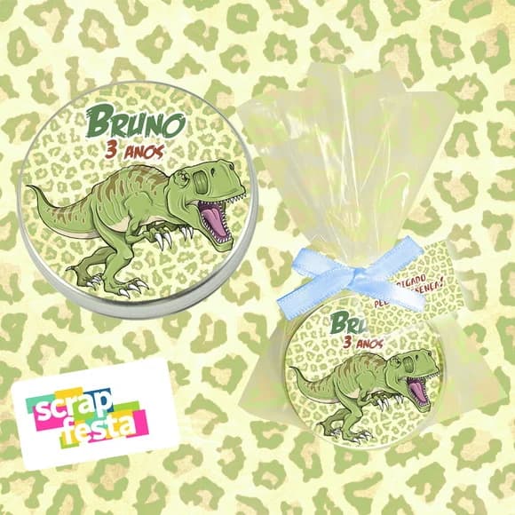 Latinha, Saquinho, Fitinha e Tag Personalizada Dinossauro