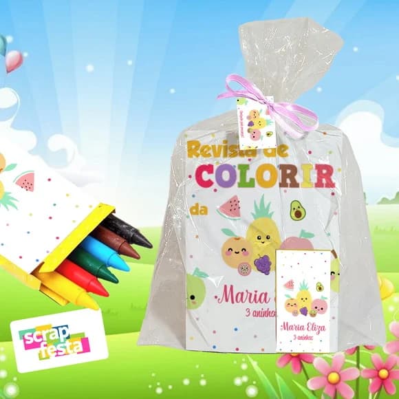 Revista Colorir+embalagem+giz de Cera Festa Quitanda Frutas