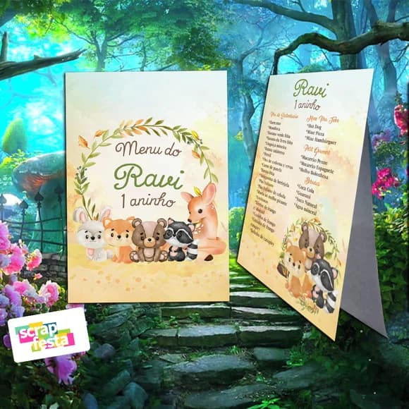 Menu Cardápio Cavalete Festa Floresta Encantada Aquarela