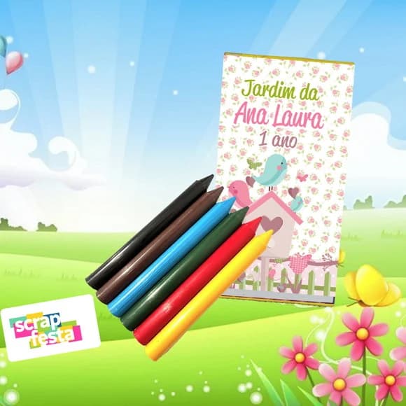 Caixinha Giz de Cera 6 Cores Personalizado Jardim Encantado