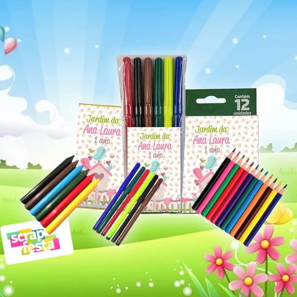 Kit Colorir Giz de Cera+canetinha+lápis de Cor Jardim