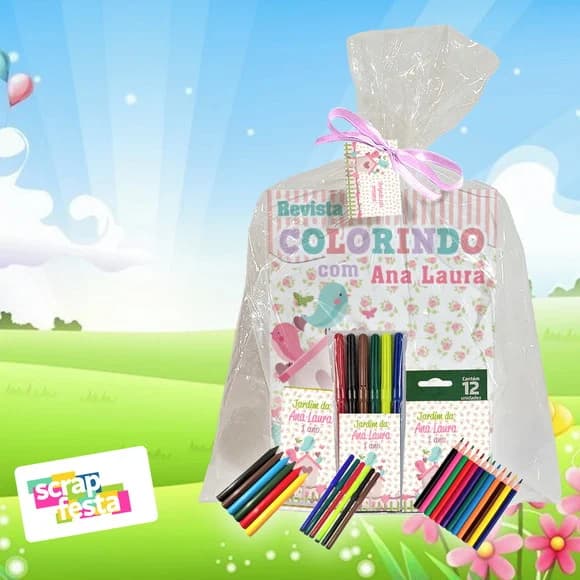 Revista Colorir+embalagem+giz+canetinha+lápis Jardim
