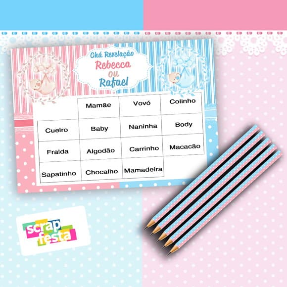 Kit Bingo + Lápis Festa Chá Revelação Baby Bingo