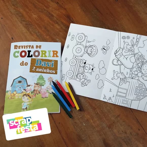 Revista Colorir + Giz de Cera Festa Fazendinha Aquarela
