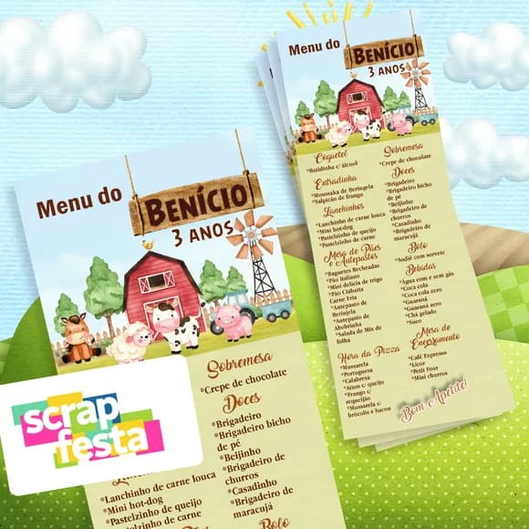Menu Cardápio Personalizado Festa Fazendinha Aquarela