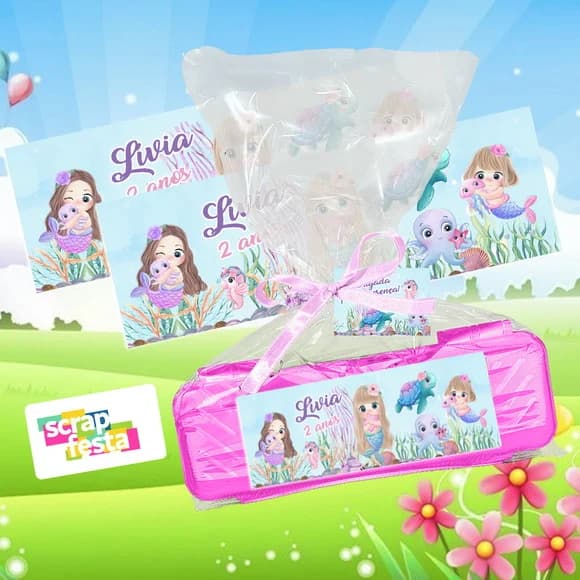 Estojo+embalagem+tag Festa Sereia Cute Aquarela