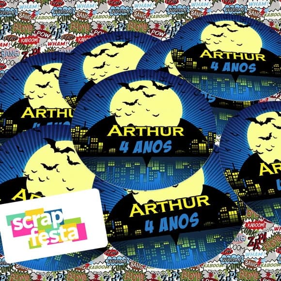 Adesivo 5cm Redondo Personalizado Festa Super Heróis Morcego
