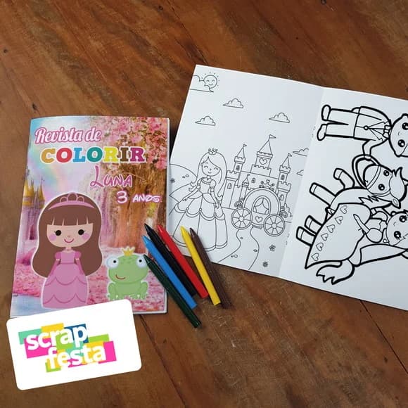 Revista Colorir + Giz de Cera Festa Princesas
