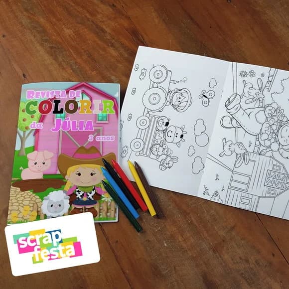 Revista Colorir + Giz de Cera Festa Fazendinha Menina Rosa