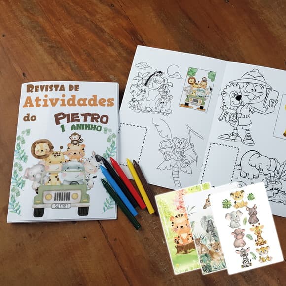 Álbum de Figurinha, Colorir, Giz de Cera Festa Safari