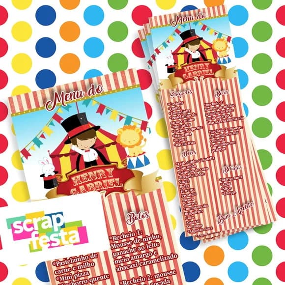 Menu Cardápio Personalizado Festa Circo