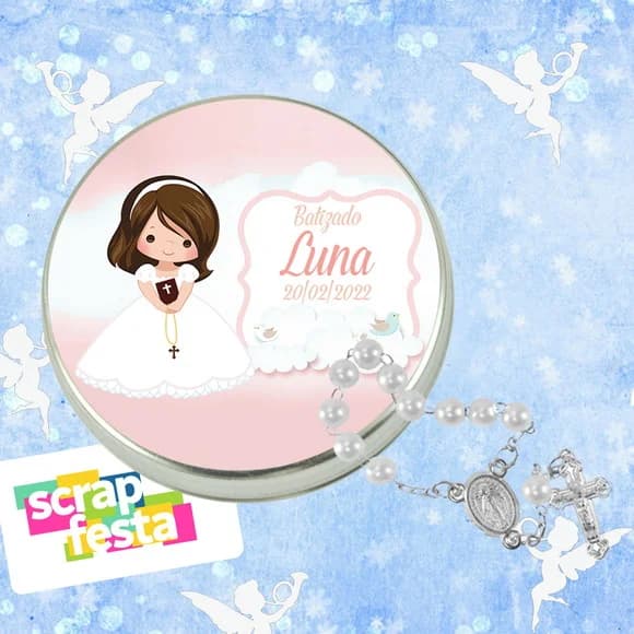 Latinhas Personalizadas Festa Batizado + Mini Terço Branco