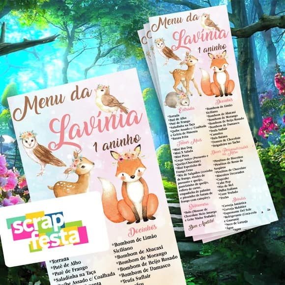 Menu Cardápio Personalizado Festa Floresta Encantada/ Bosque
