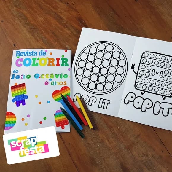 Revista Colorir + Giz Cera Personalizado Festa Pop It