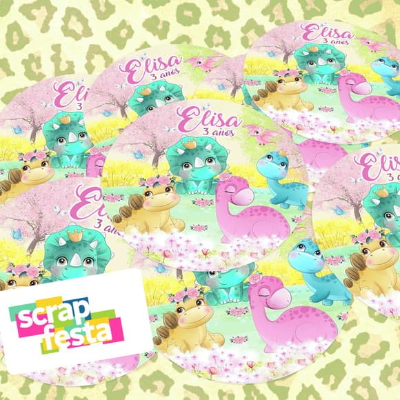 Adesivo 5 cm Redondo Personalizado Festa Dinossauro Aquarela