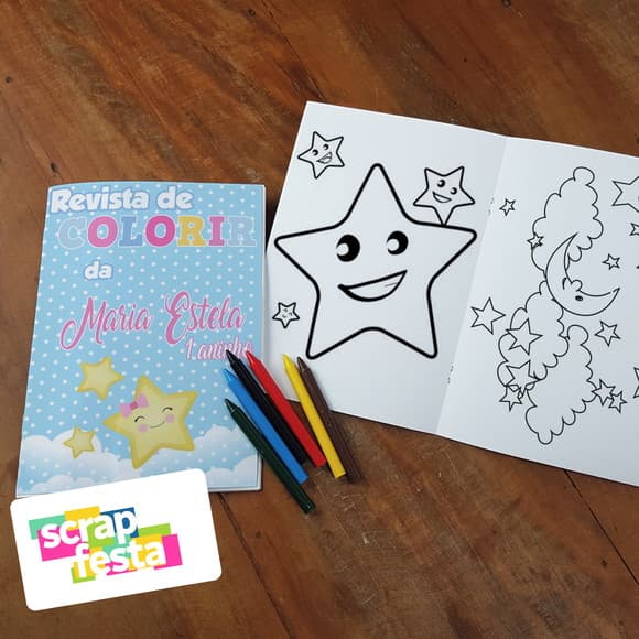 Revista Colorir + Giz Cera Festa Brilha, Brilha Estrelinha