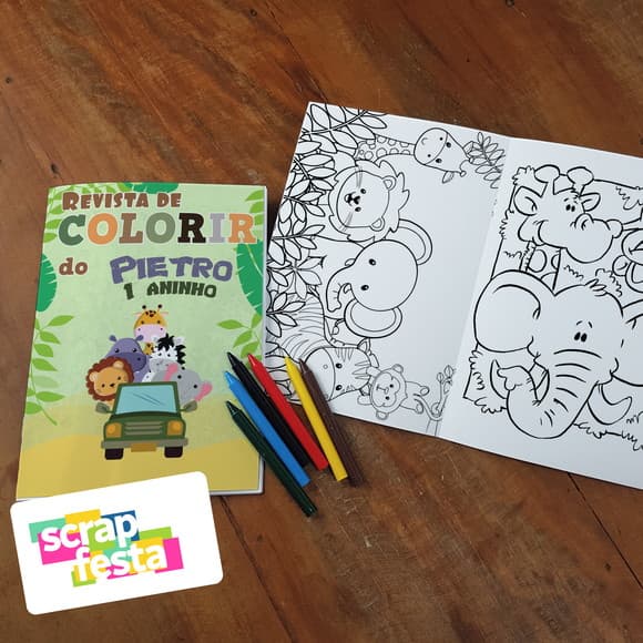 Revista Colorir + Giz de Cera Festa Safari
