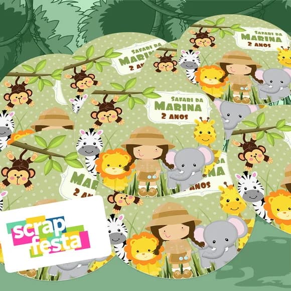 Adesivo 5 cm Redondo Personalizado Festa Safari Menina