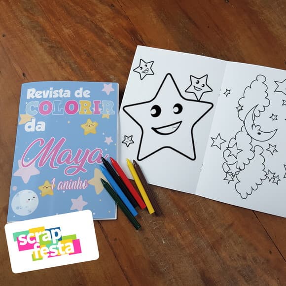 Revista Colorir + Giz Cera Festa Brilha, Brilha Estrelinha