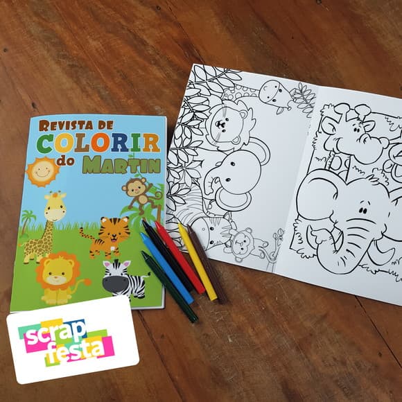 Revista Colorir + Giz de Cera Festa Safari
