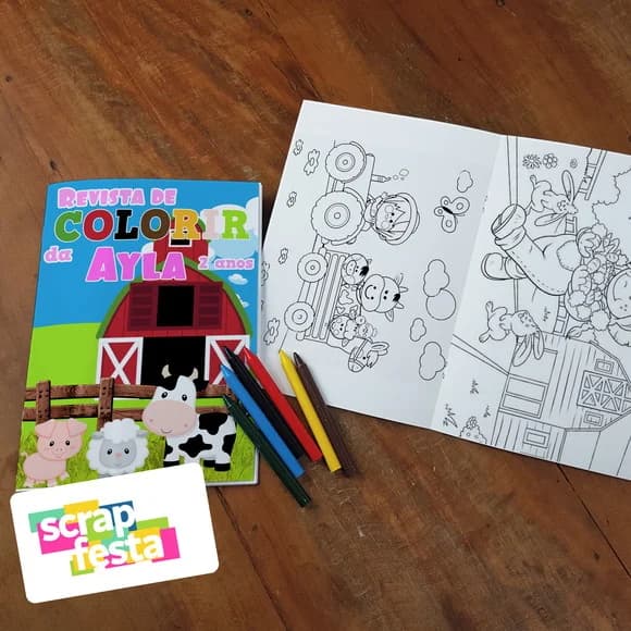 Revista Colorir + Giz de Cera Festa Fazendinha Menina Rosa