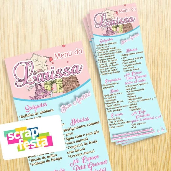 Menu Cardápio Personalizado Festa Paris