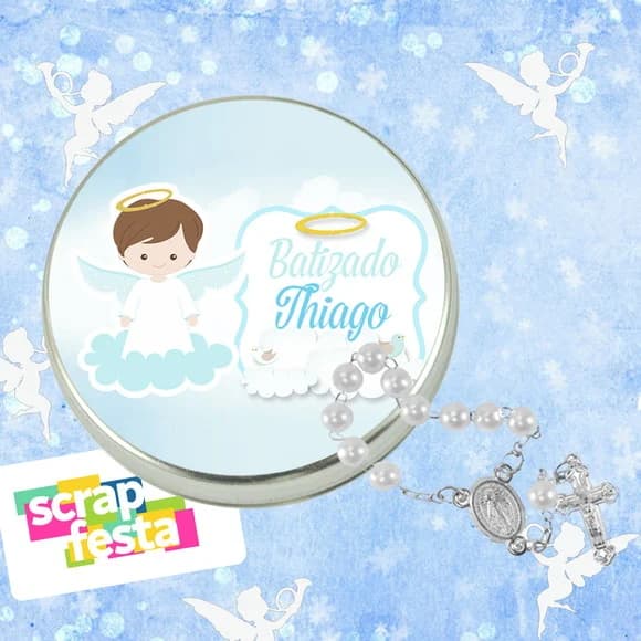 Latinhas Personalizadas Festa Batizado + Mini Terço Branco