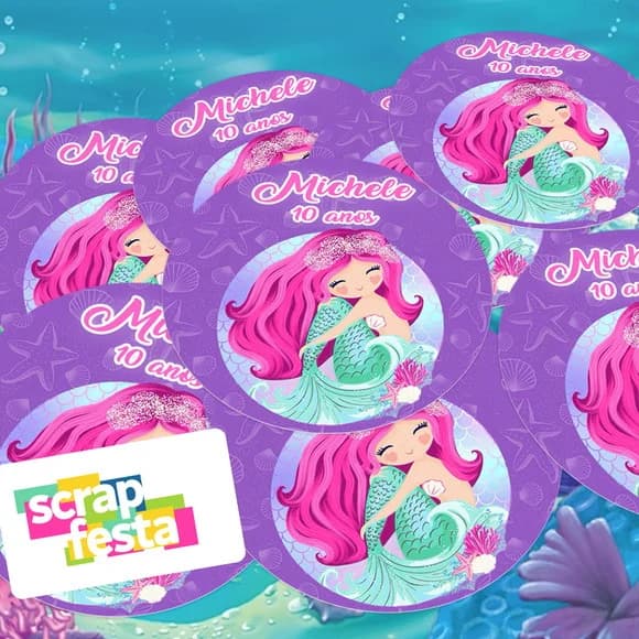 Adesivo 5 cm Redondo Personalizado Festa Sereia