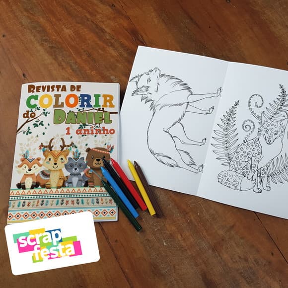 Revista Colorir + Giz de Cera Festa Floresta Tribal