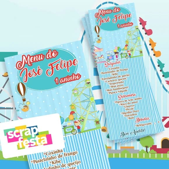 Menu Cardápio Personalizado Festa Parque de Diversões