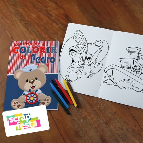 Revista Colorir + Giz de Cera Festa Urso Marinheiro