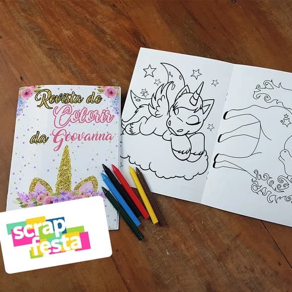 Revista Colorir + Giz de Cera Festa Unicórnio