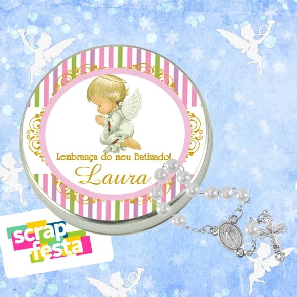 Latinhas Personalizadas Festa Batizado + Mini Terço Branco