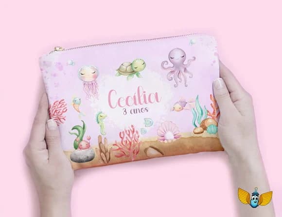 Necessaire Fundo do Mar Aquarela Rosa Personalizada